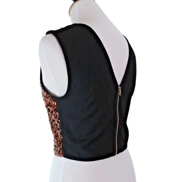Ali & Jay Size L Disco Ball Copper Sequin Crop Top Black Zip Back - Picture 5 of 13